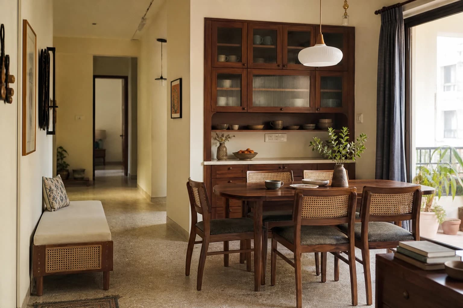 Warm timber and cane dining interior concept
