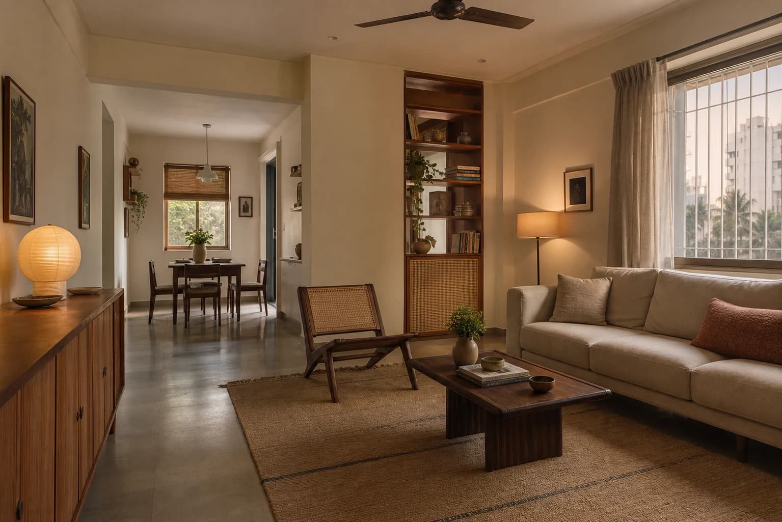Compact Indian apartment interior concept with warm timber and cane