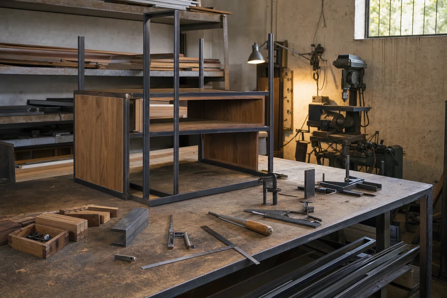 Custom timber and steel unit being developed in a workshop